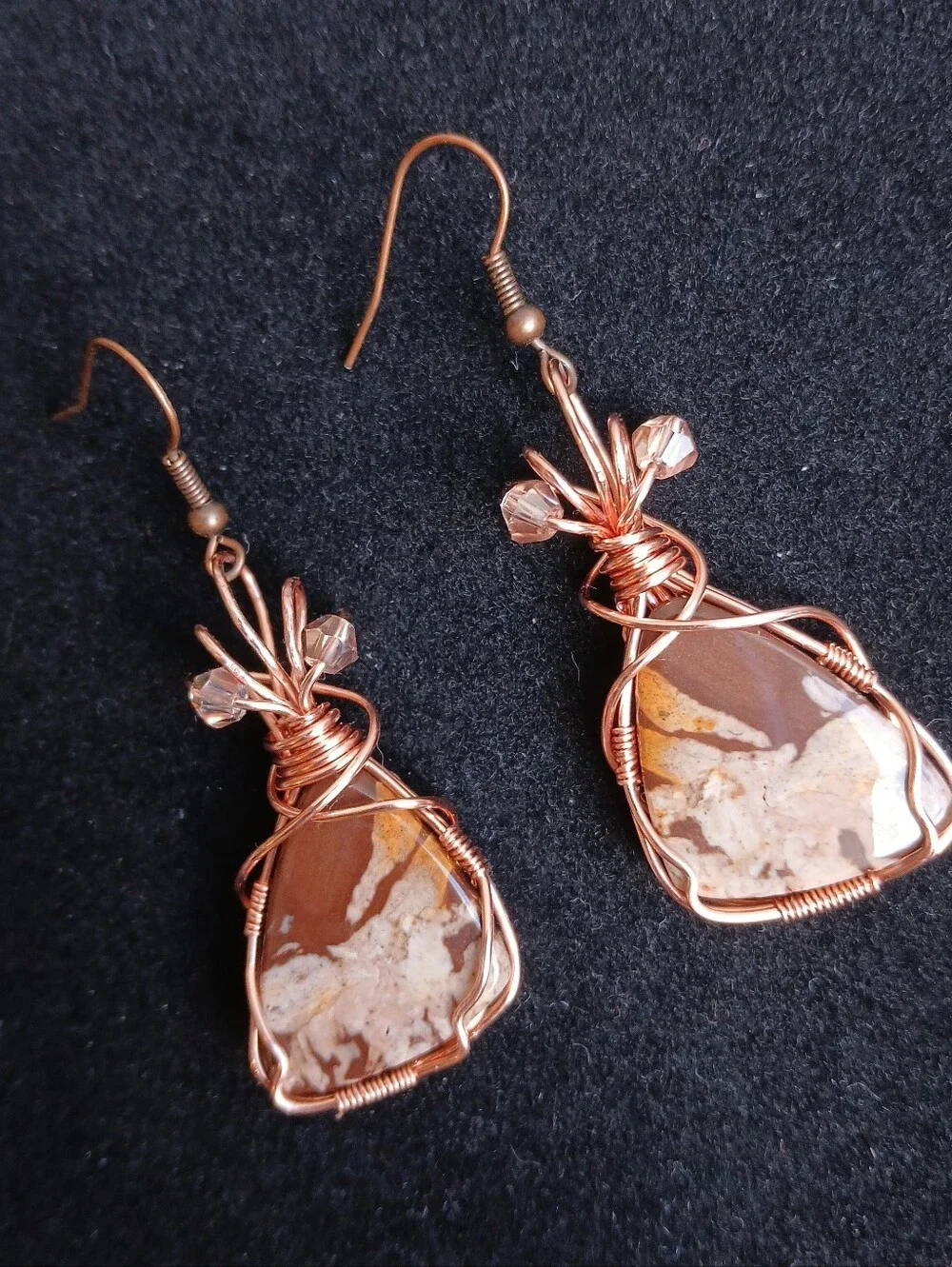 Copper wire wrapped brown tan outback Jasper dangle earrings handmade new - Picture 2 of 6